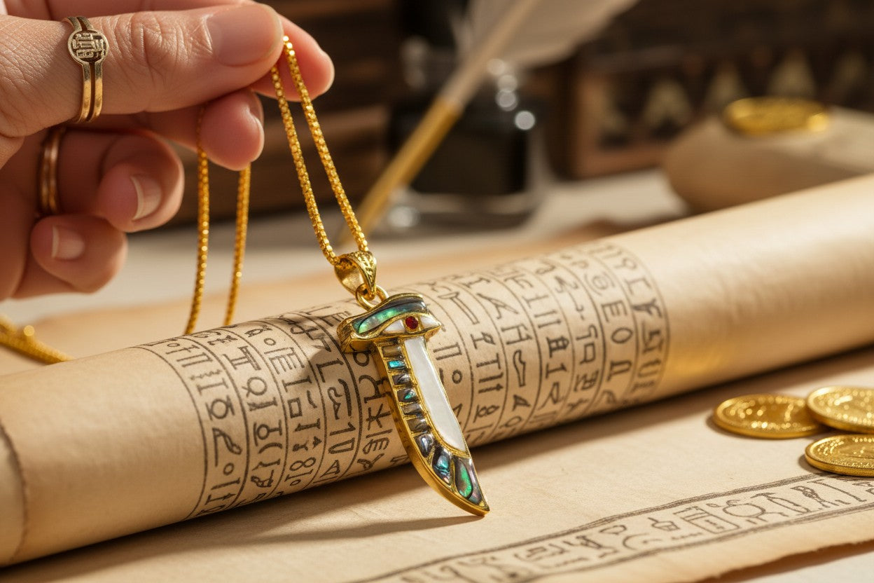 Gold Eye of Horus Necklace, Mother of Pearl Egyptian Pendant