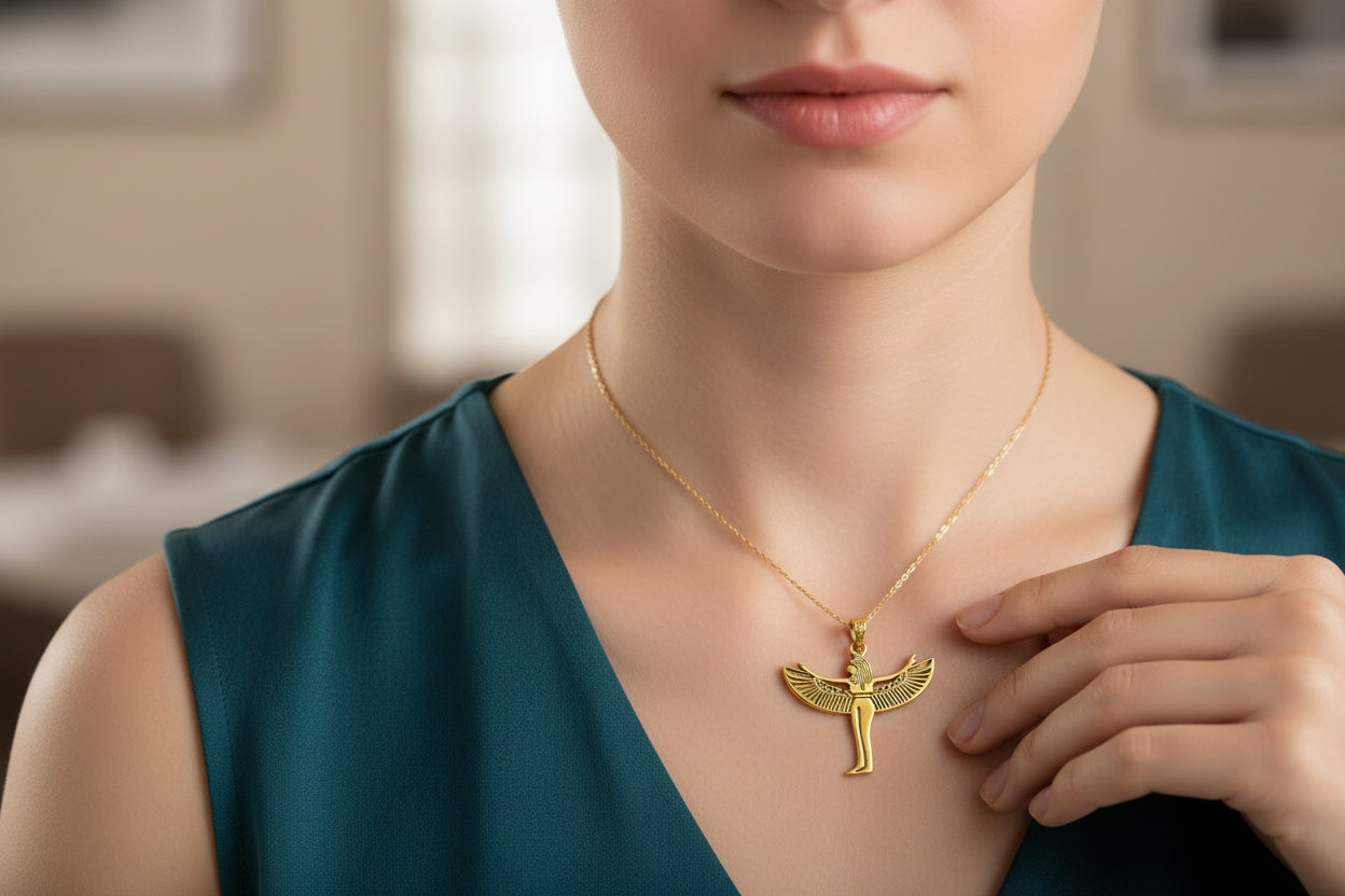 Gold Goddess Isis Pendant, Egyptian Divine Minimalist Necklace