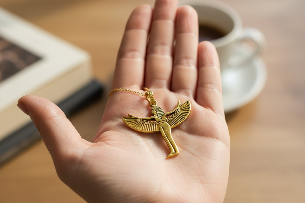 Gold Goddess Isis Pendant, Egyptian Divine Minimalist Necklace