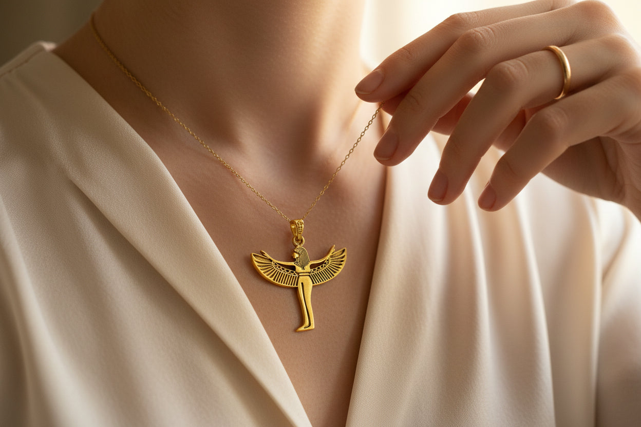 Gold Goddess Isis Pendant, Egyptian Divine Minimalist Necklace