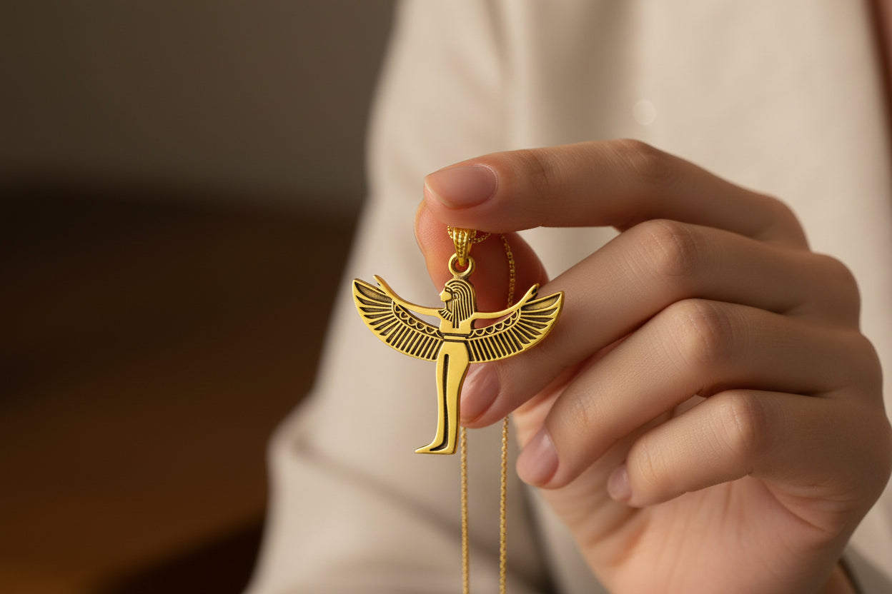 Gold Goddess Isis Pendant, Egyptian Divine Minimalist Necklace