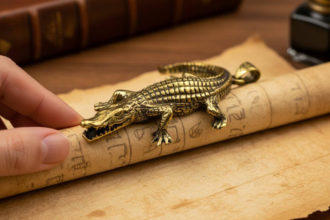 Gold God Sobek Pendant, Egyptian Crocodile God Necklace