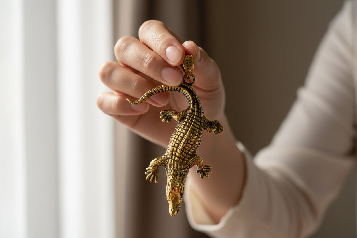 Gold God Sobek Pendant, Egyptian Crocodile God Necklace