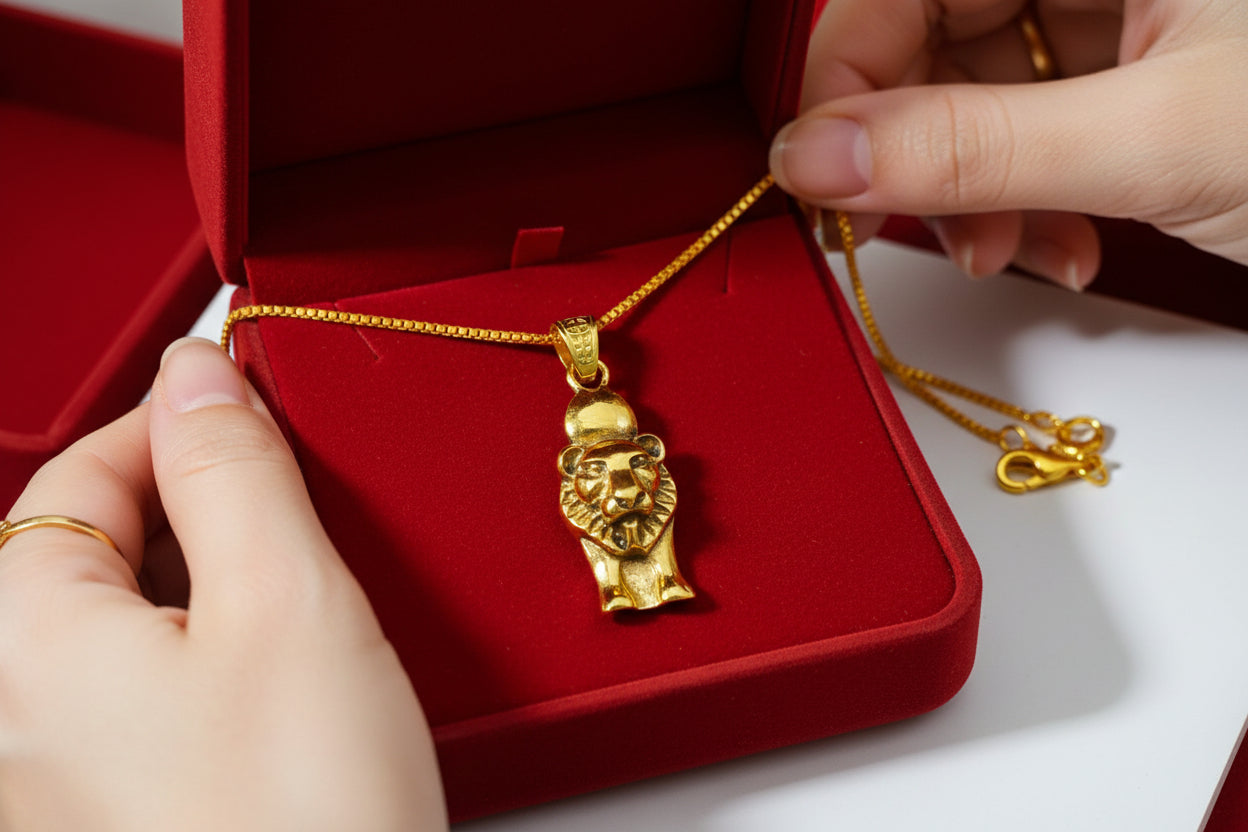 Gold Sekhmet Pendant, Egyptian Revival Lion Goddess Necklace