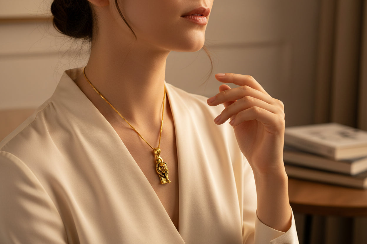 Gold Sekhmet Pendant, Egyptian Revival Lion Goddess Necklace