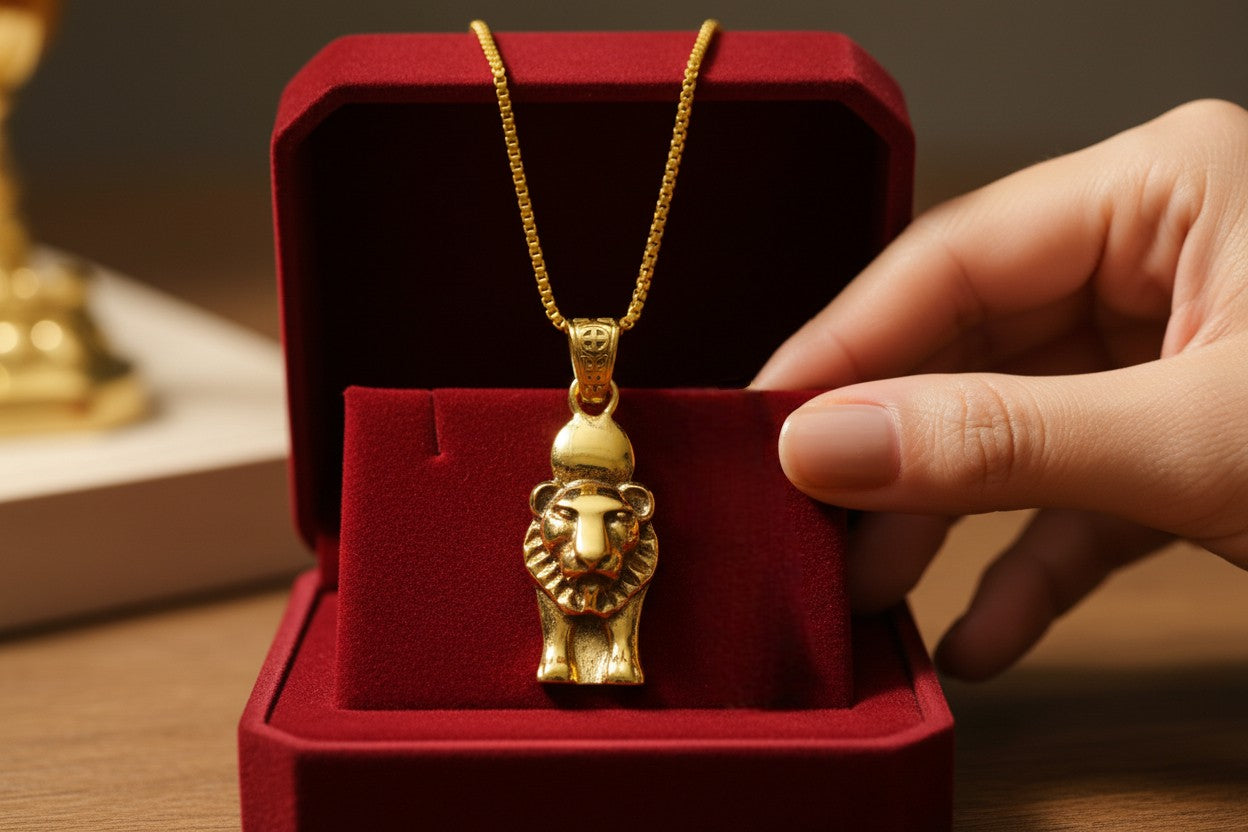 Gold Sekhmet Pendant, Egyptian Revival Lion Goddess Necklace