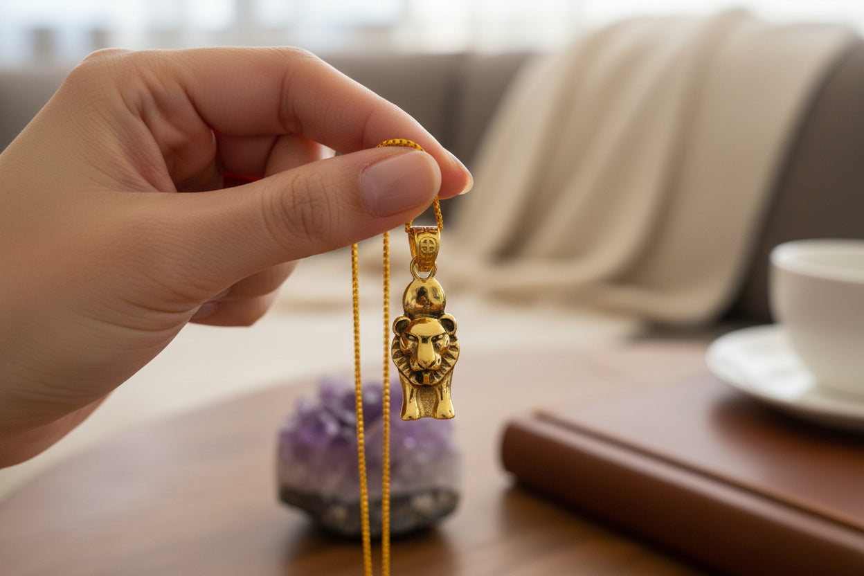 Gold Sekhmet Pendant, Egyptian Revival Lion Goddess Necklace