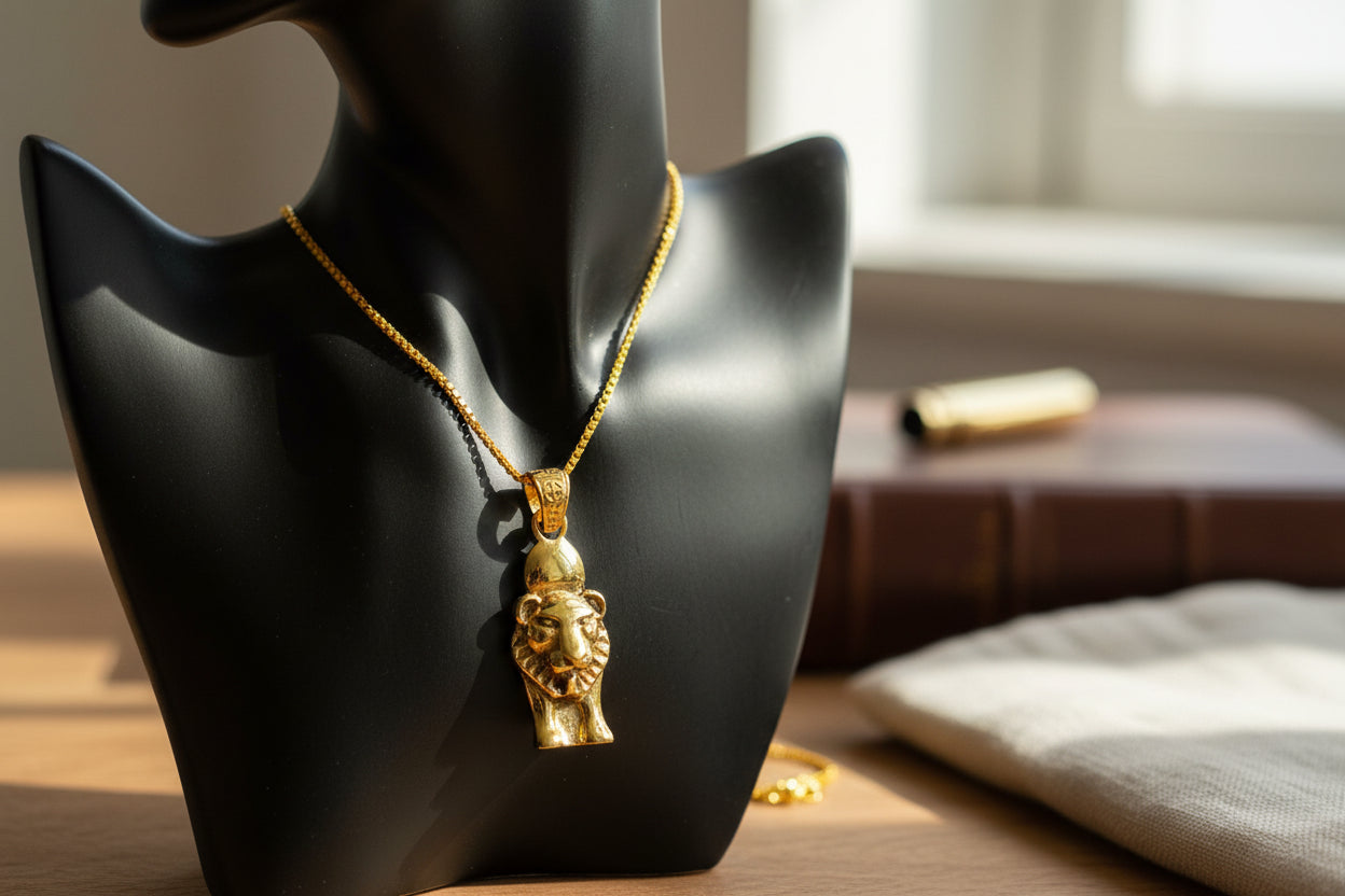 Gold Sekhmet Pendant, Egyptian Revival Lion Goddess Necklace