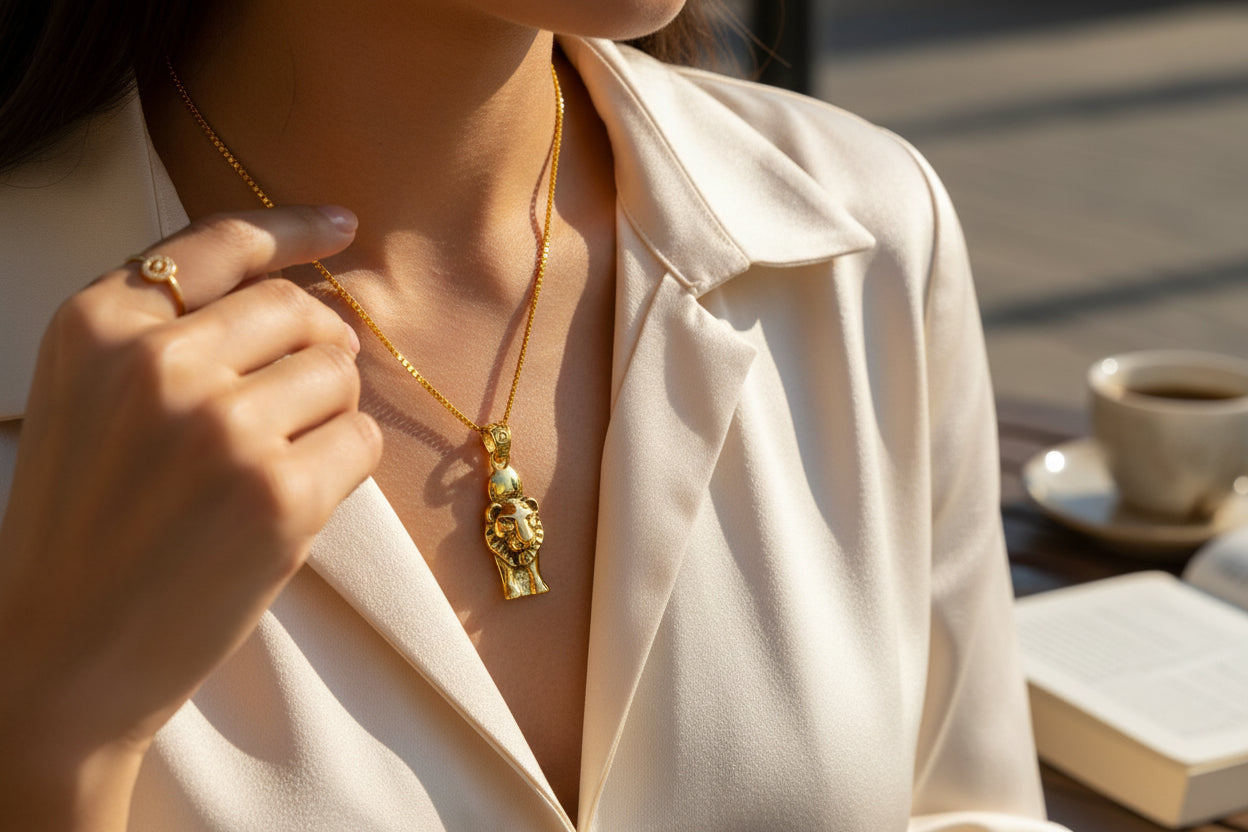 Gold Sekhmet Pendant, Egyptian Revival Lion Goddess Necklace