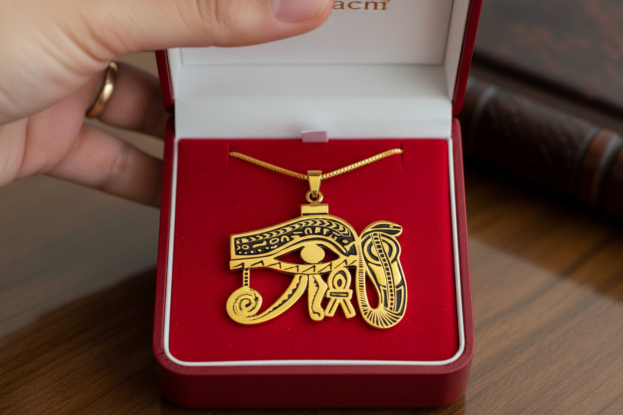 Gold Eye of Horus Pendant, Egyptian Revival Talisman Jewelry