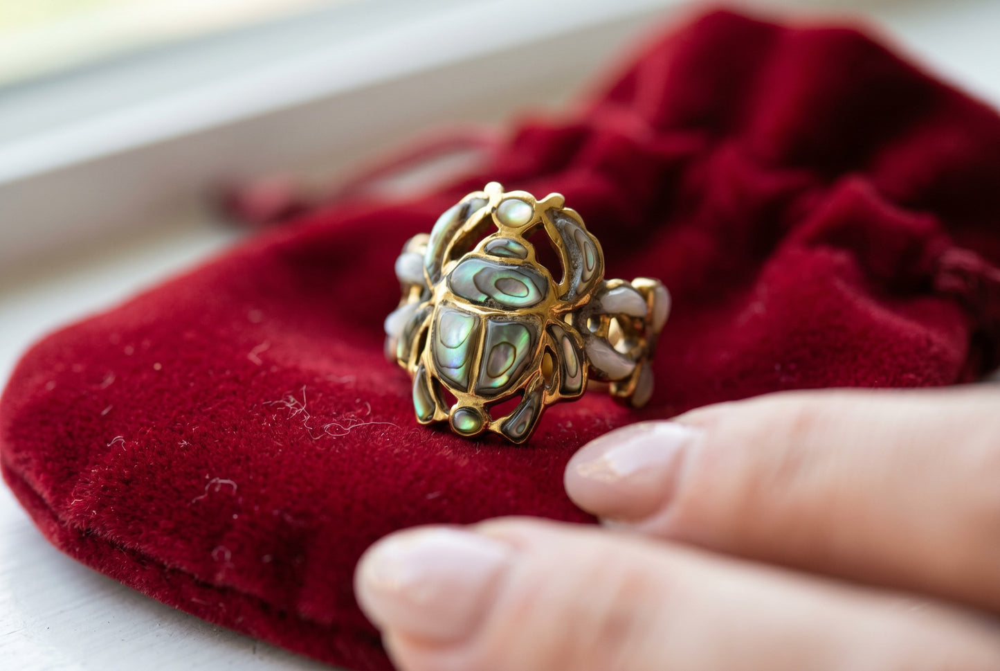 Gold Scarab Ankh Abalone Mother of Pearl Ring, Egyptian Revival Ring, Eye of Life Jewelry, Spiritual Talisman, Handmade Gift for Her