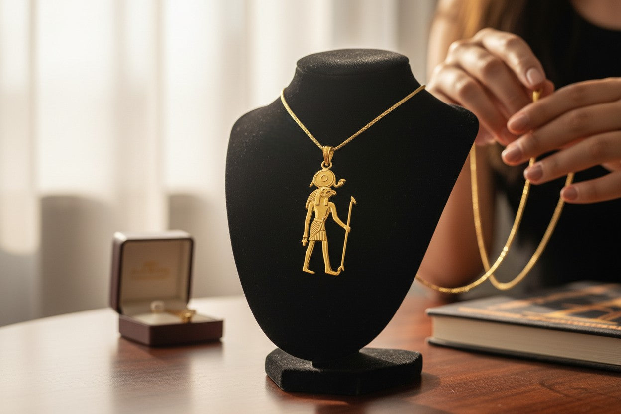 Gold God Horus Statue Pendant, Egyptian Revival Necklace