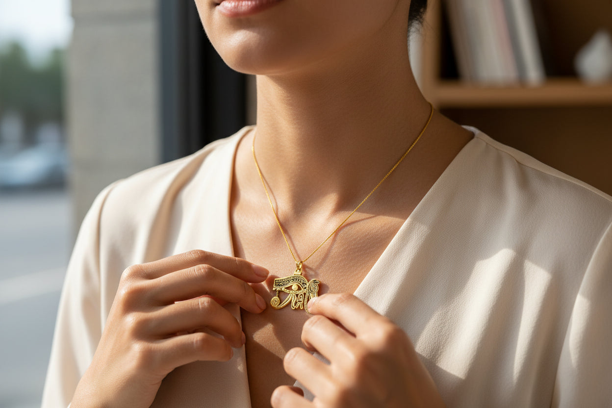 Gold Eye of Horus Pendant, Egyptian Revival Talisman Jewelry