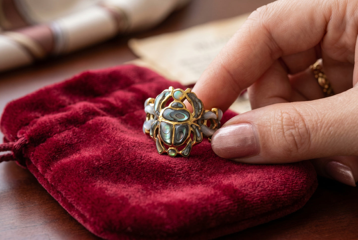 Gold Scarab Ankh Abalone Mother of Pearl Ring, Egyptian Revival Ring, Eye of Life Jewelry, Spiritual Talisman, Handmade Gift for Her