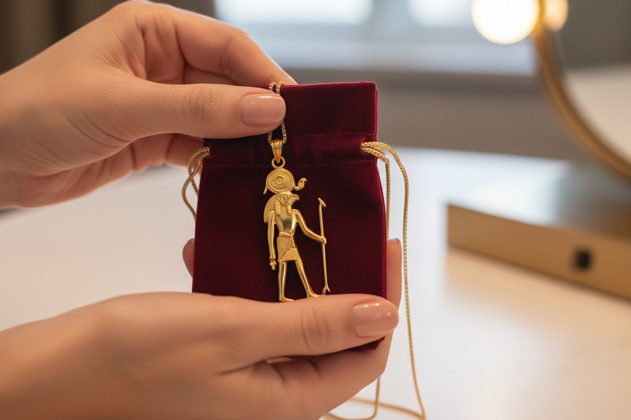 Gold God Horus Statue Pendant, Egyptian Revival Necklace