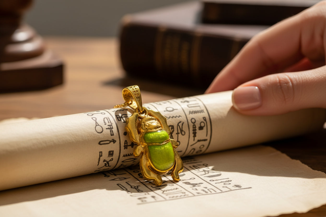 Gold Egyptian Scarab Pendant Necklace, Green Agate Talisman