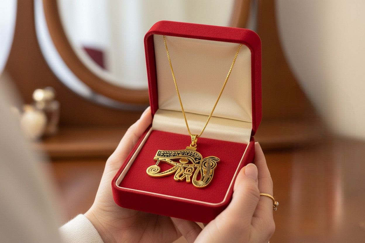 Gold Eye of Horus Pendant, Egyptian Revival Talisman Jewelry