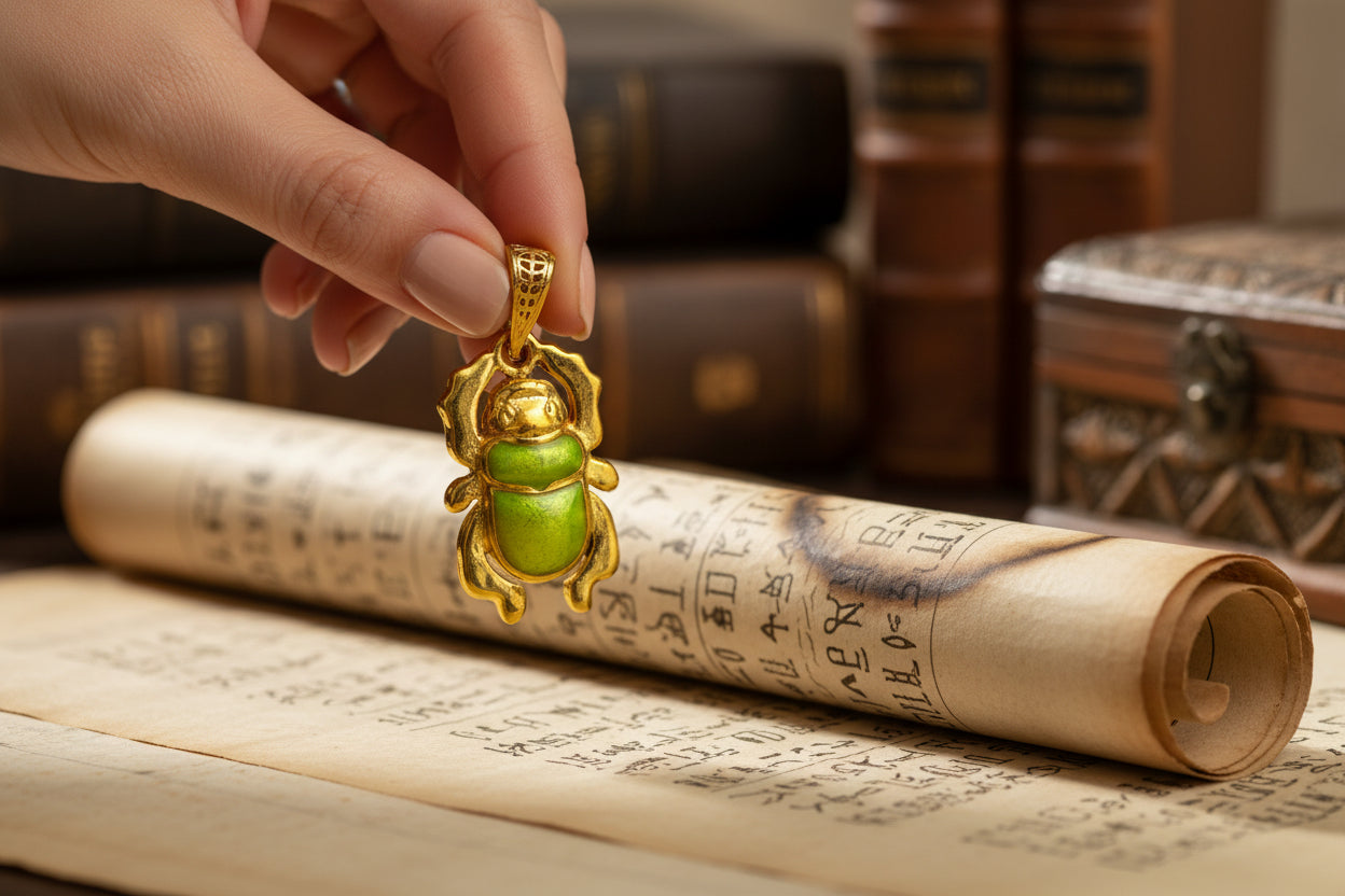 Gold Egyptian Scarab Pendant Necklace, Green Agate Talisman