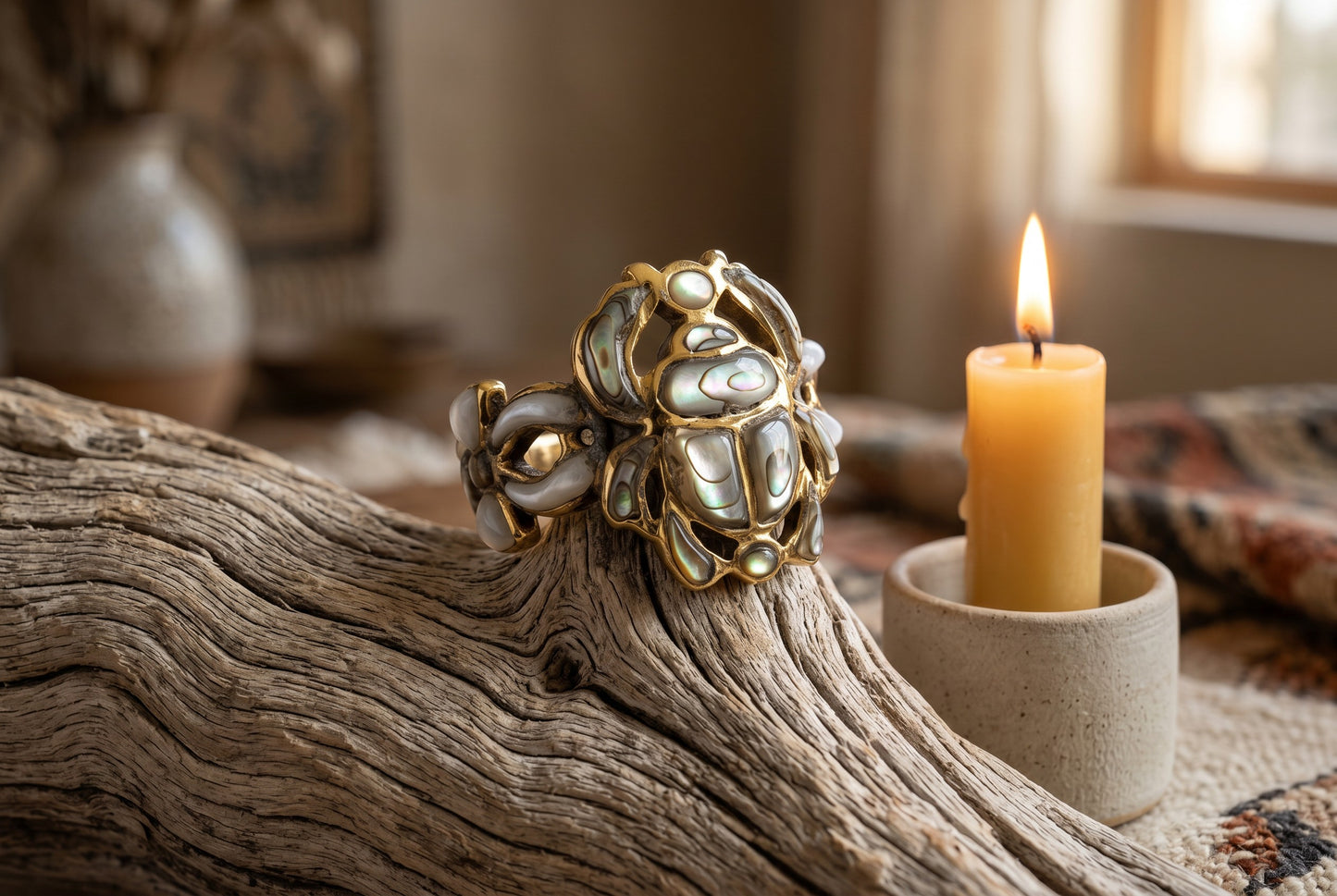 Gold Scarab Ankh Abalone Mother of Pearl Ring, Egyptian Revival Ring, Eye of Life Jewelry, Spiritual Talisman, Handmade Gift for Her