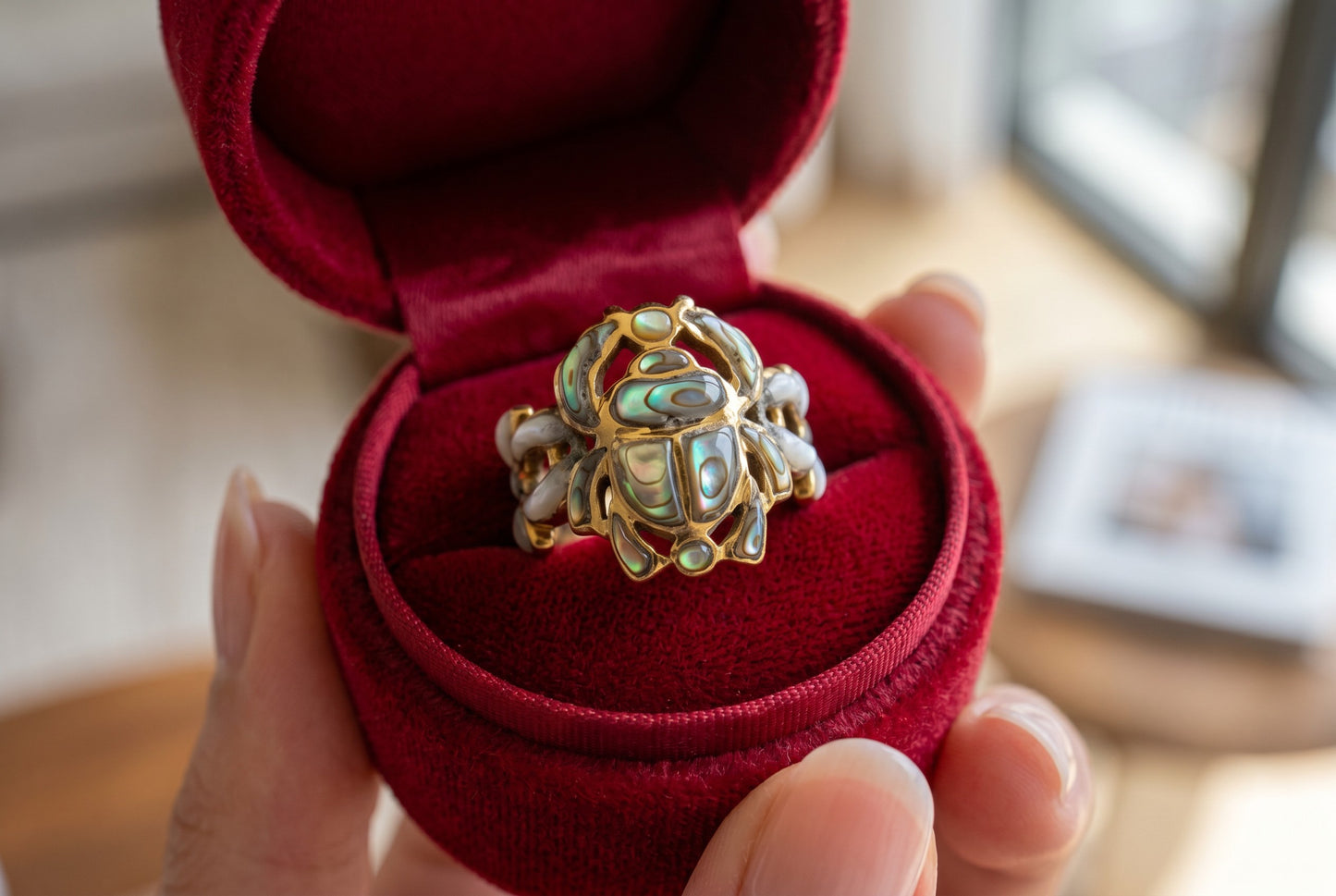 Gold Scarab Ankh Abalone Mother of Pearl Ring, Egyptian Revival Ring, Eye of Life Jewelry, Spiritual Talisman, Handmade Gift for Her