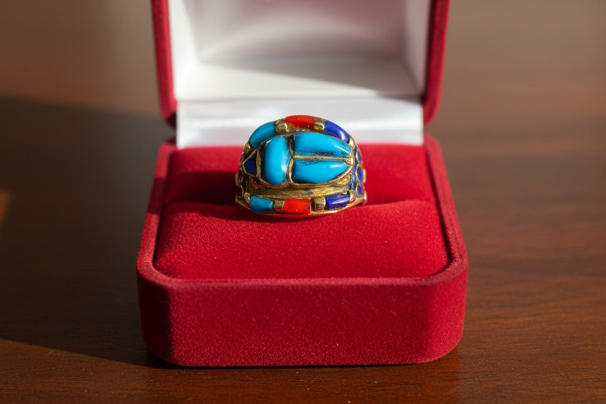 Gold Scarab Ring, Turquoise Egyptian Ring, Ancient Egypt Jewelry, Spiritual Talisman Ring, Vintage Gold Scarab Jewelry Gift