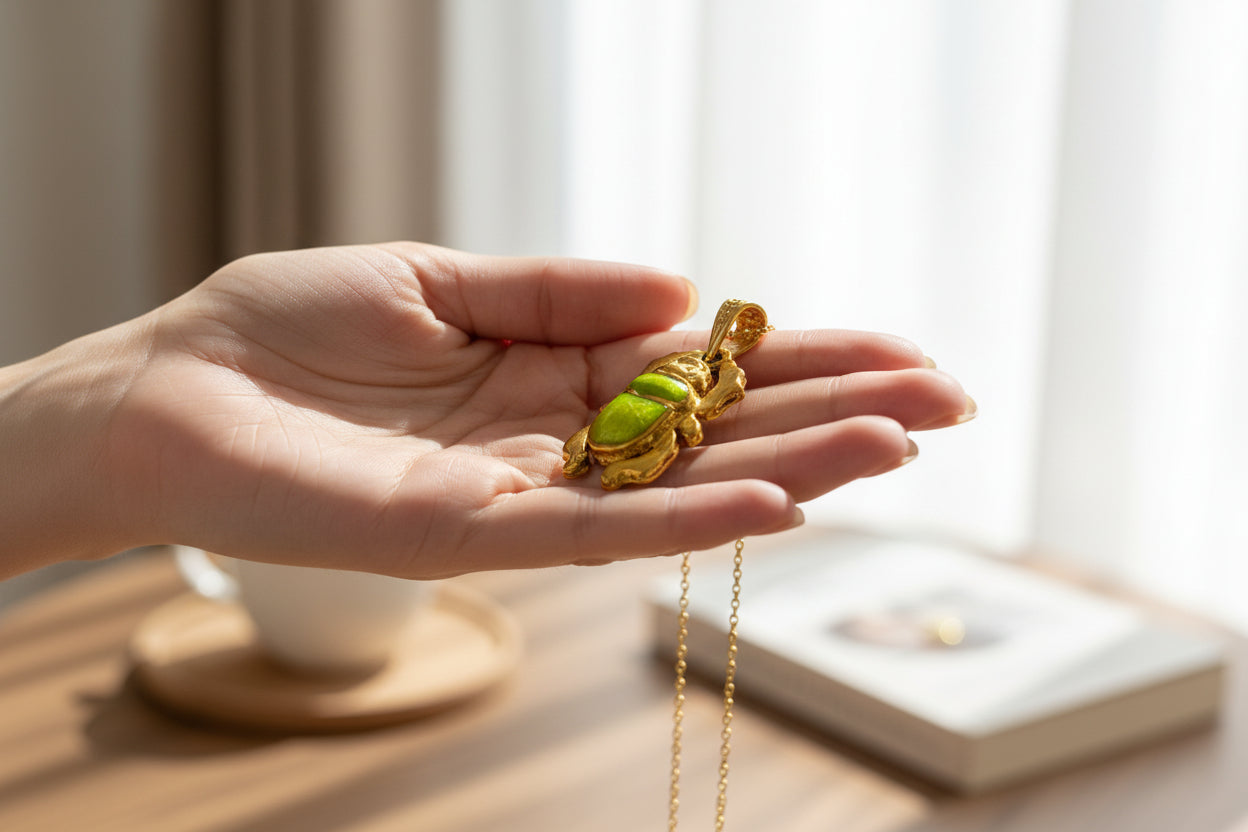 Gold Egyptian Scarab Pendant Necklace, Green Agate Talisman