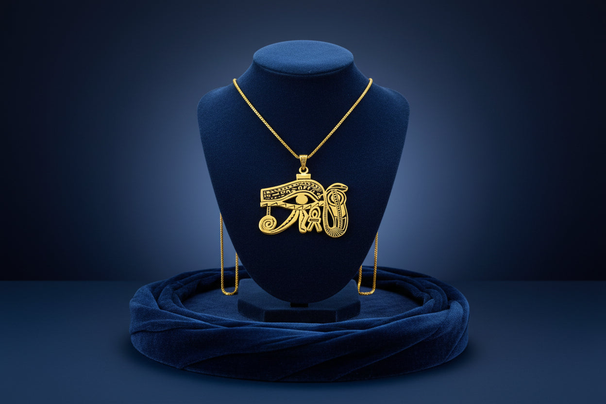 Gold Eye of Horus Pendant, Egyptian Revival Talisman Jewelry