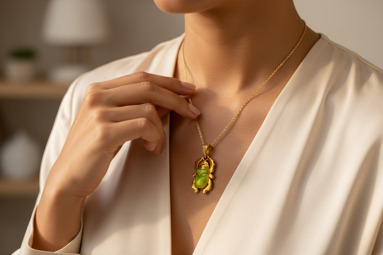 Gold Egyptian Scarab Pendant Necklace, Green Agate Talisman