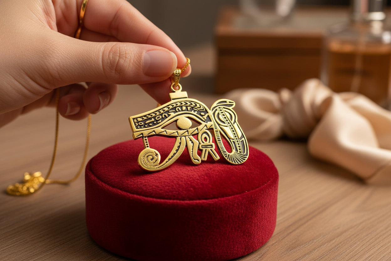 Gold Eye of Horus Pendant, Egyptian Revival Talisman Jewelry