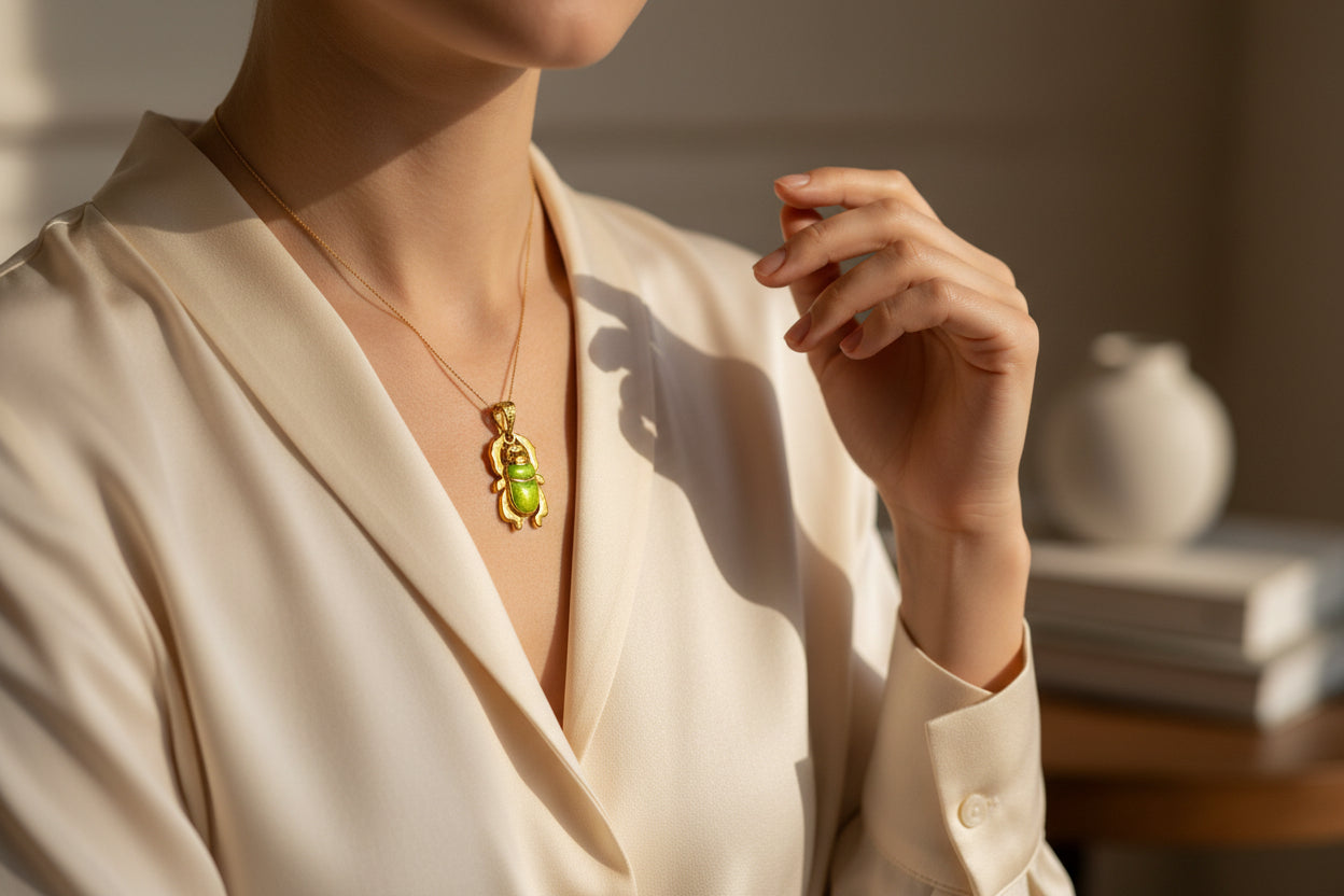 Gold Egyptian Scarab Pendant Necklace, Green Agate Talisman