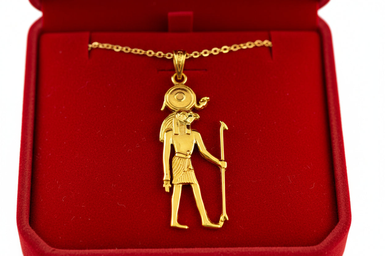 Gold God Horus Statue Pendant, Egyptian Revival Necklace