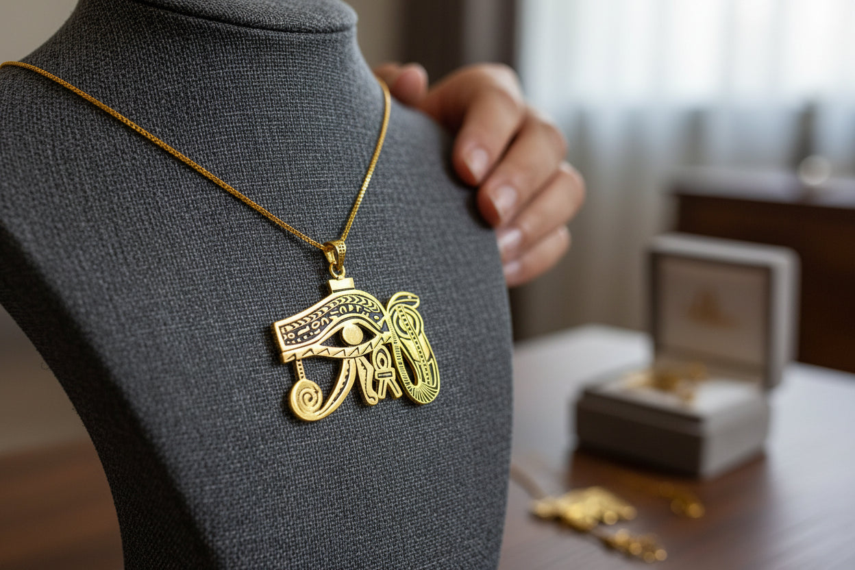 Gold Eye of Horus Pendant, Egyptian Revival Talisman Jewelry