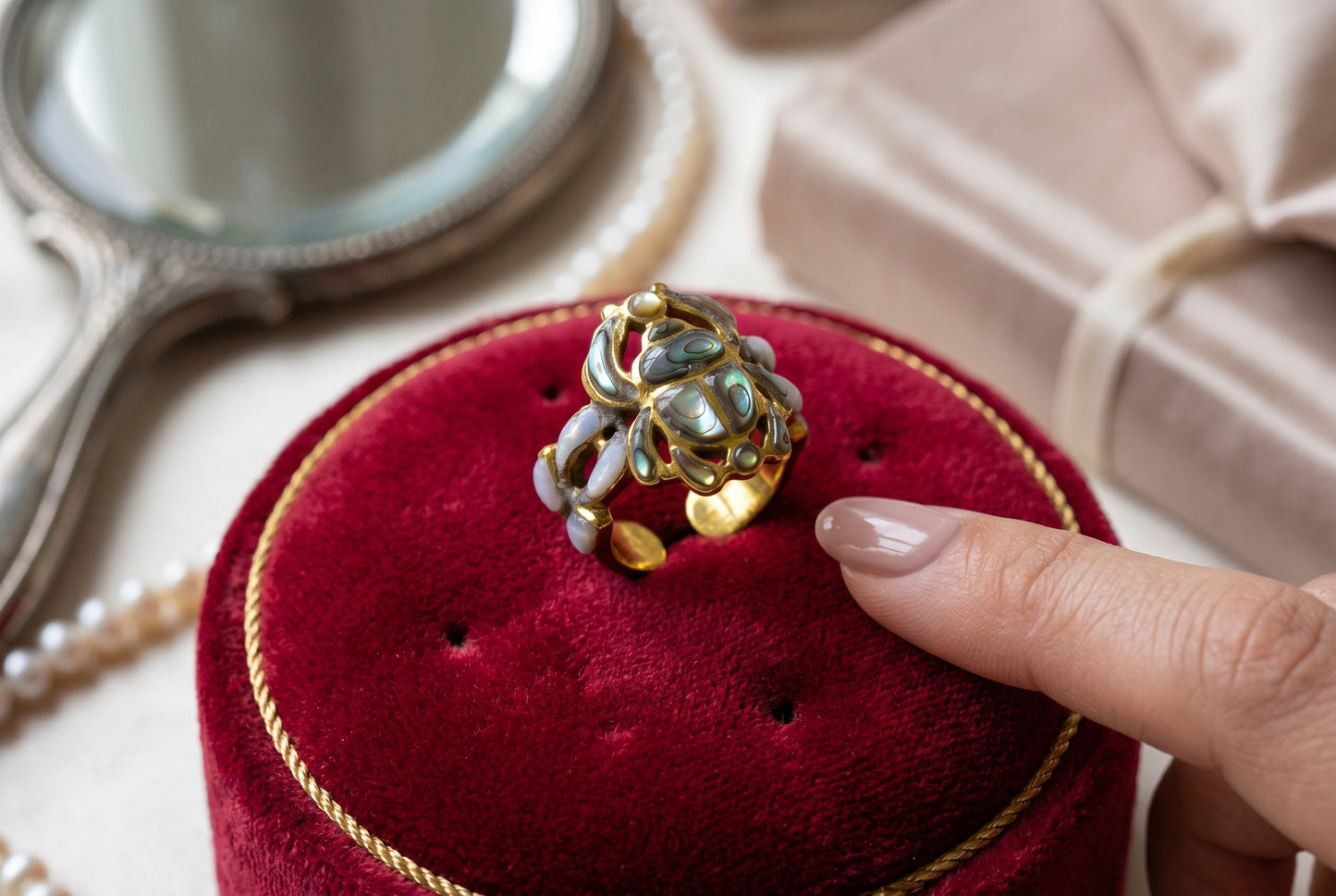 Gold Scarab Ankh Abalone Mother of Pearl Ring, Egyptian Revival Ring, Eye of Life Jewelry, Spiritual Talisman, Handmade Gift for Her