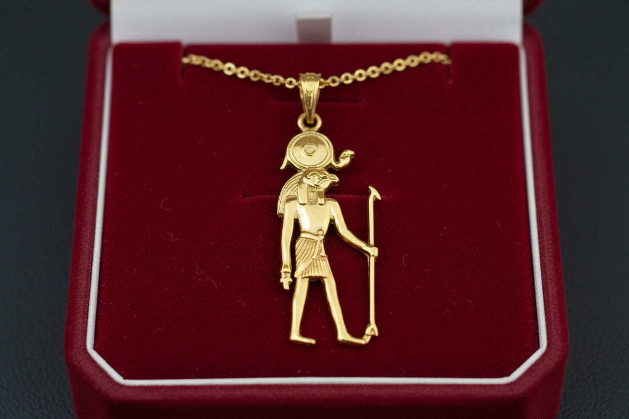 Gold God Horus Statue Pendant, Egyptian Revival Necklace