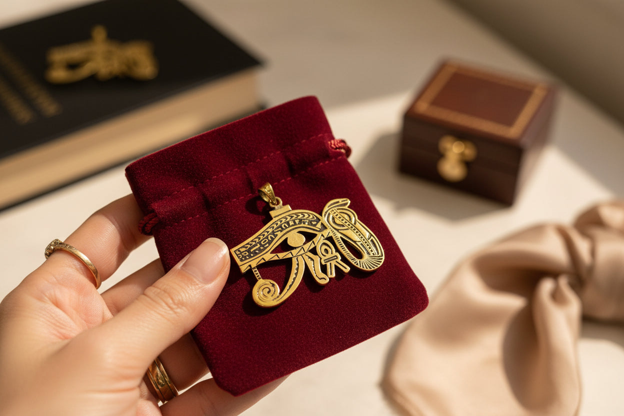 Gold Eye of Horus Pendant, Egyptian Revival Talisman Jewelry