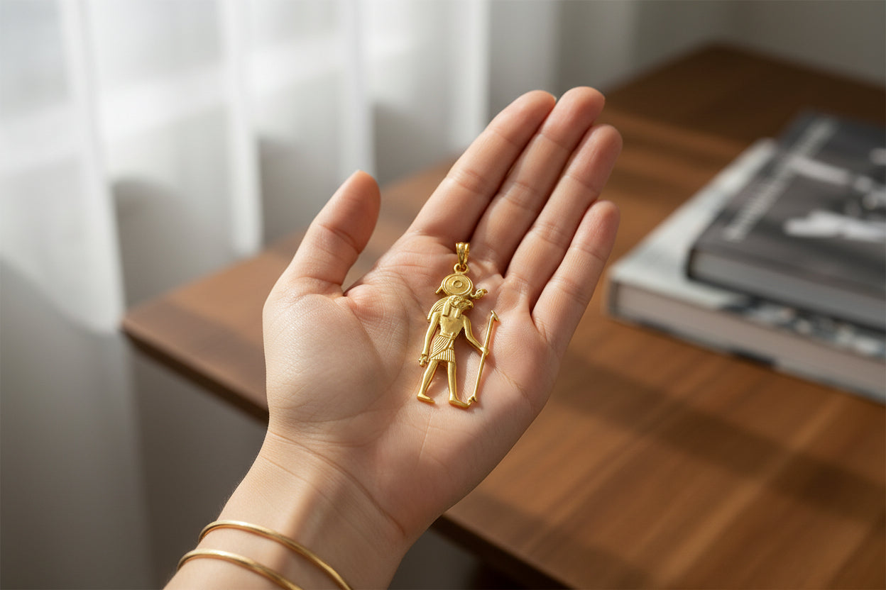 Gold God Horus Statue Pendant, Egyptian Revival Necklace