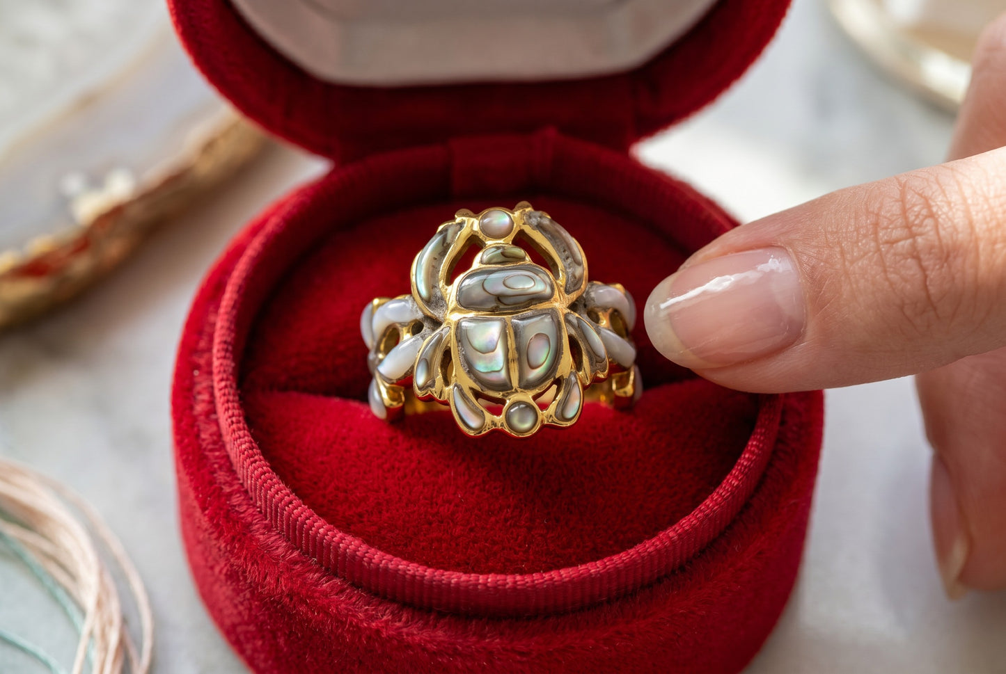 Gold Scarab Ankh Abalone Mother of Pearl Ring, Egyptian Revival Ring, Eye of Life Jewelry, Spiritual Talisman, Handmade Gift for Her