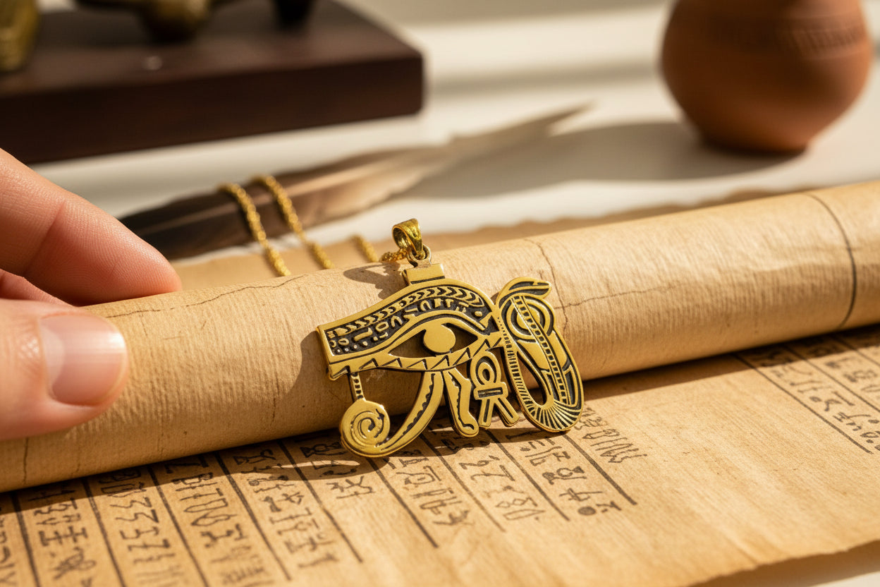Gold Eye of Horus Pendant, Egyptian Revival Talisman Jewelry