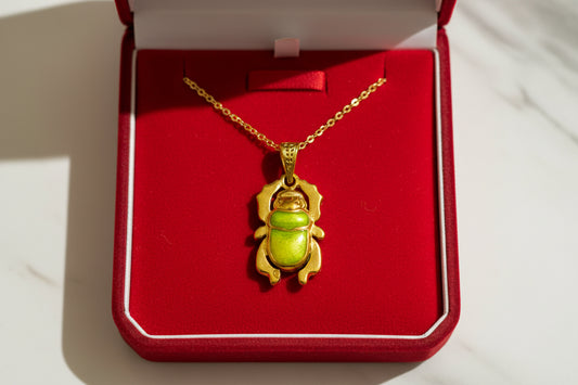 Gold Egyptian Scarab Pendant Necklace, Green Agate Talisman