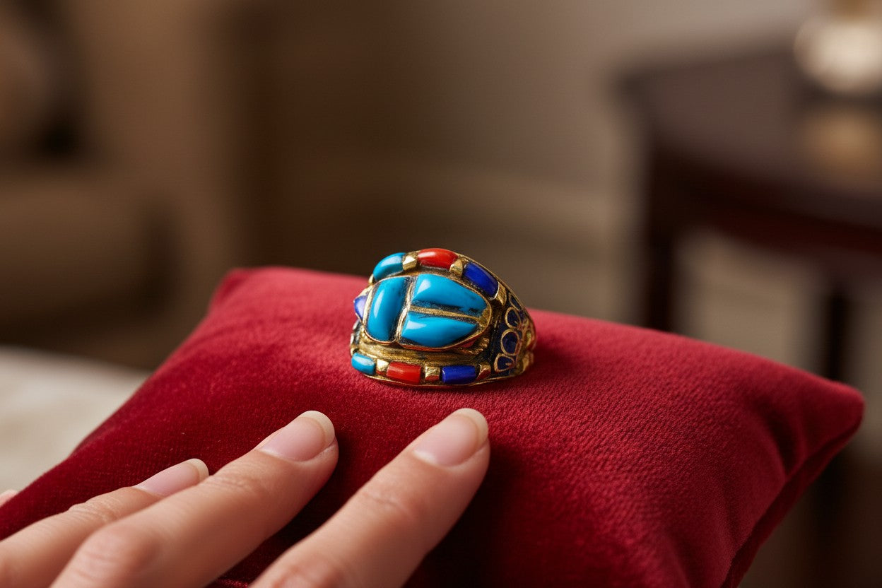 Gold Scarab Ring, Turquoise Egyptian Ring, Ancient Egypt Jewelry, Spiritual Talisman Ring, Vintage Gold Scarab Jewelry Gift