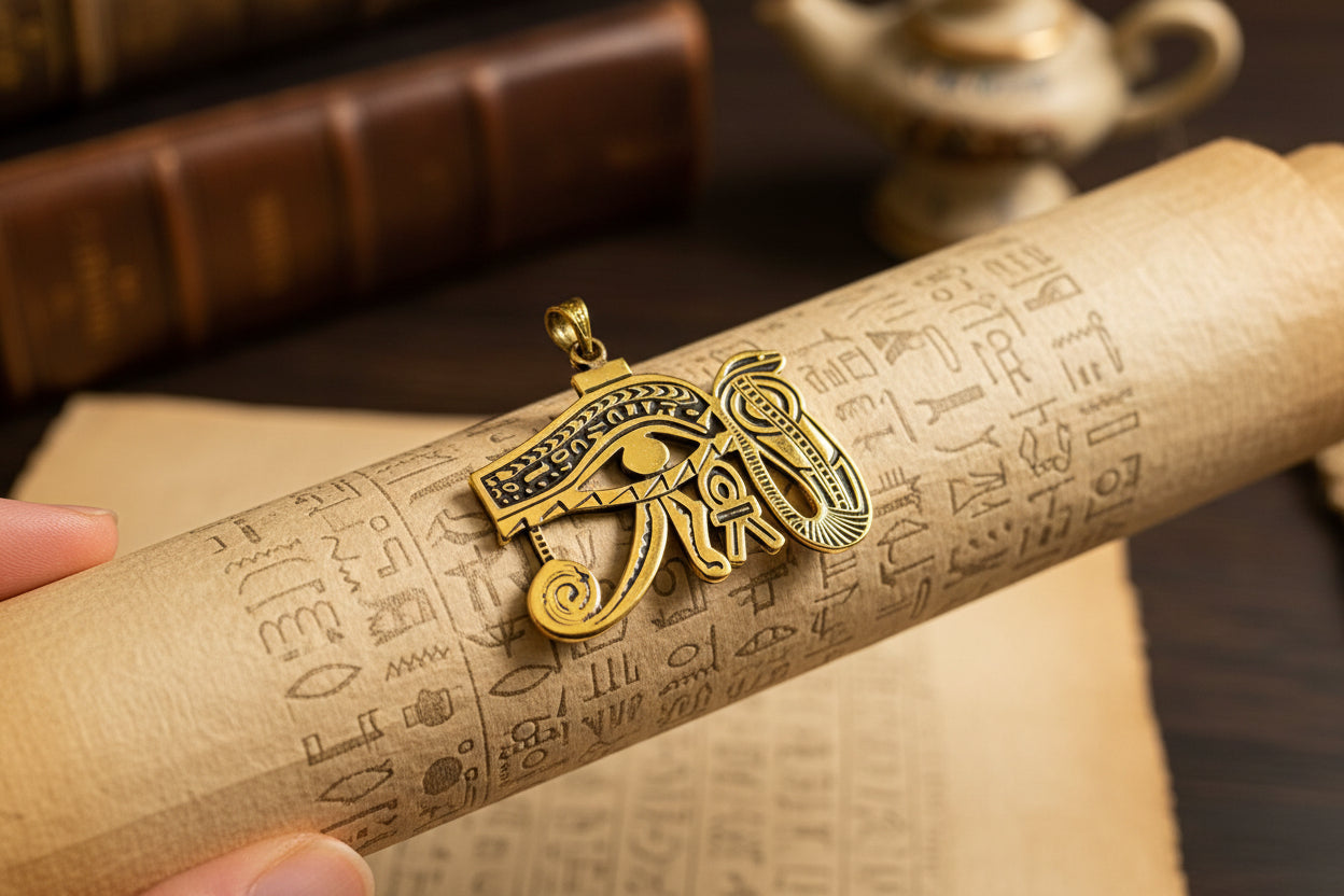 Gold Eye of Horus Pendant, Egyptian Revival Talisman Jewelry
