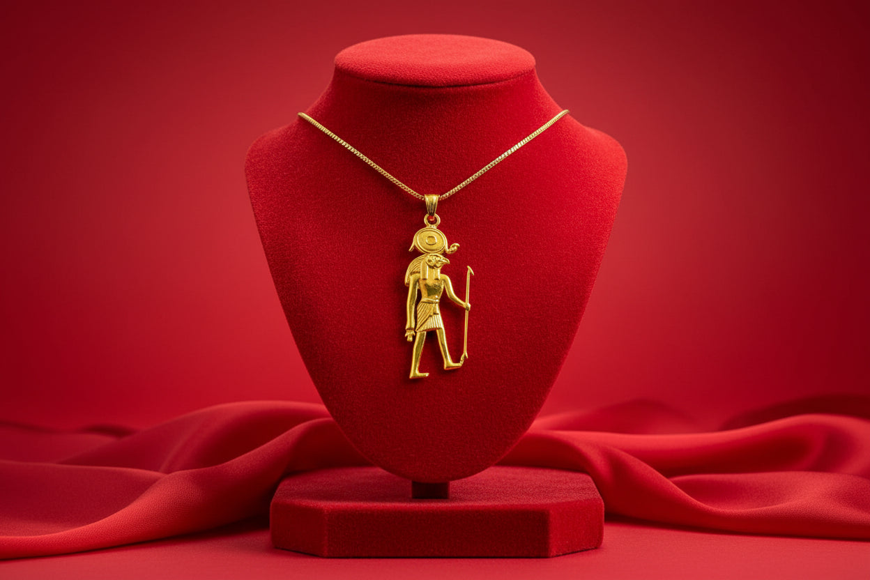 Gold God Horus Statue Pendant, Egyptian Revival Necklace