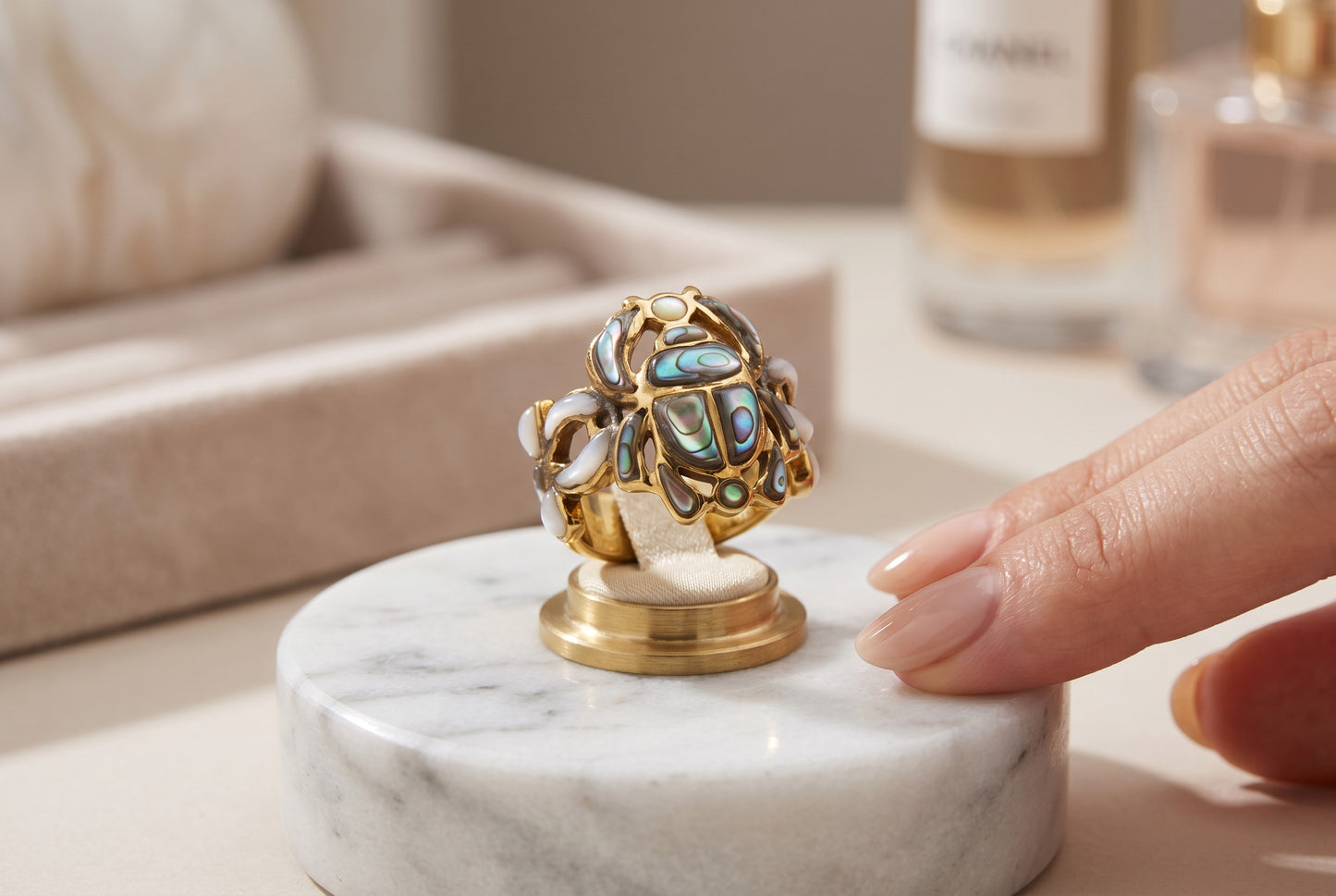 Gold Scarab Ankh Abalone Mother of Pearl Ring, Egyptian Revival Ring, Eye of Life Jewelry, Spiritual Talisman, Handmade Gift for Her