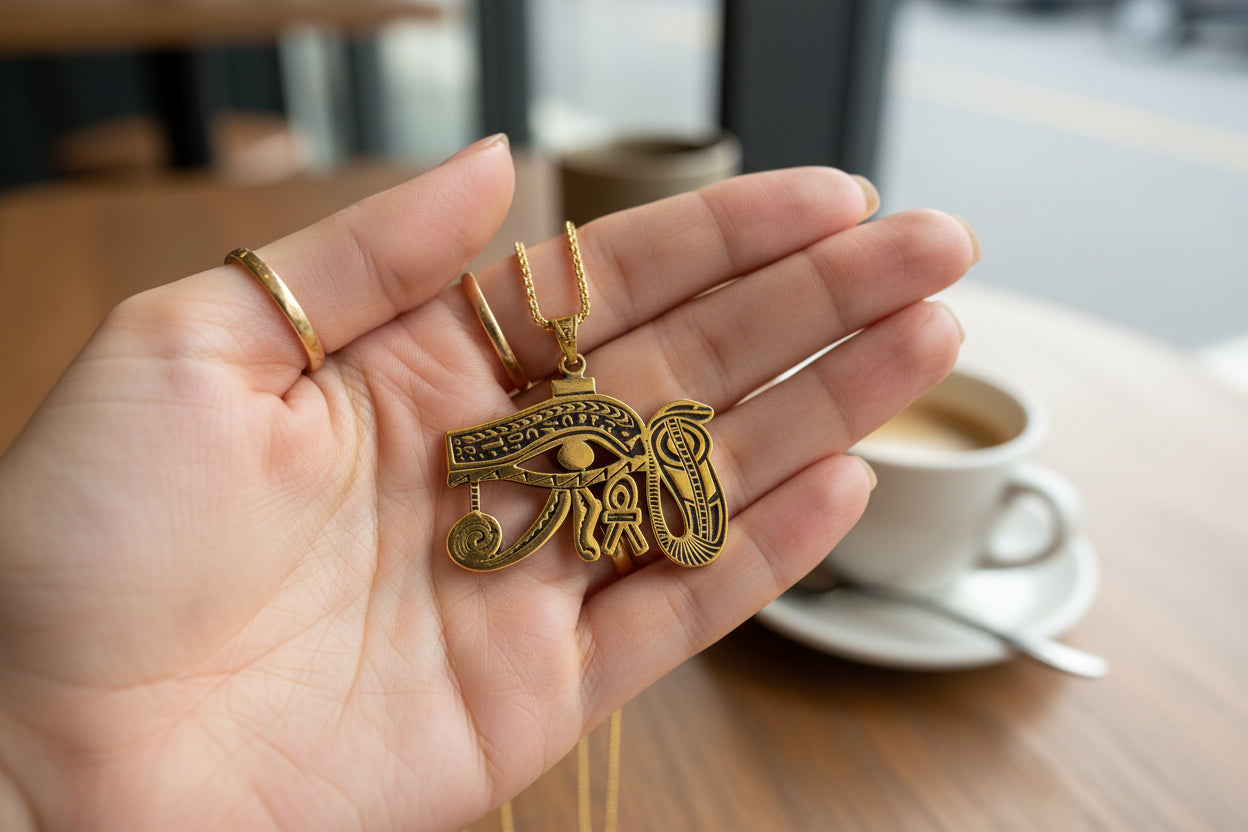 Gold Eye of Horus Pendant, Egyptian Revival Talisman Jewelry