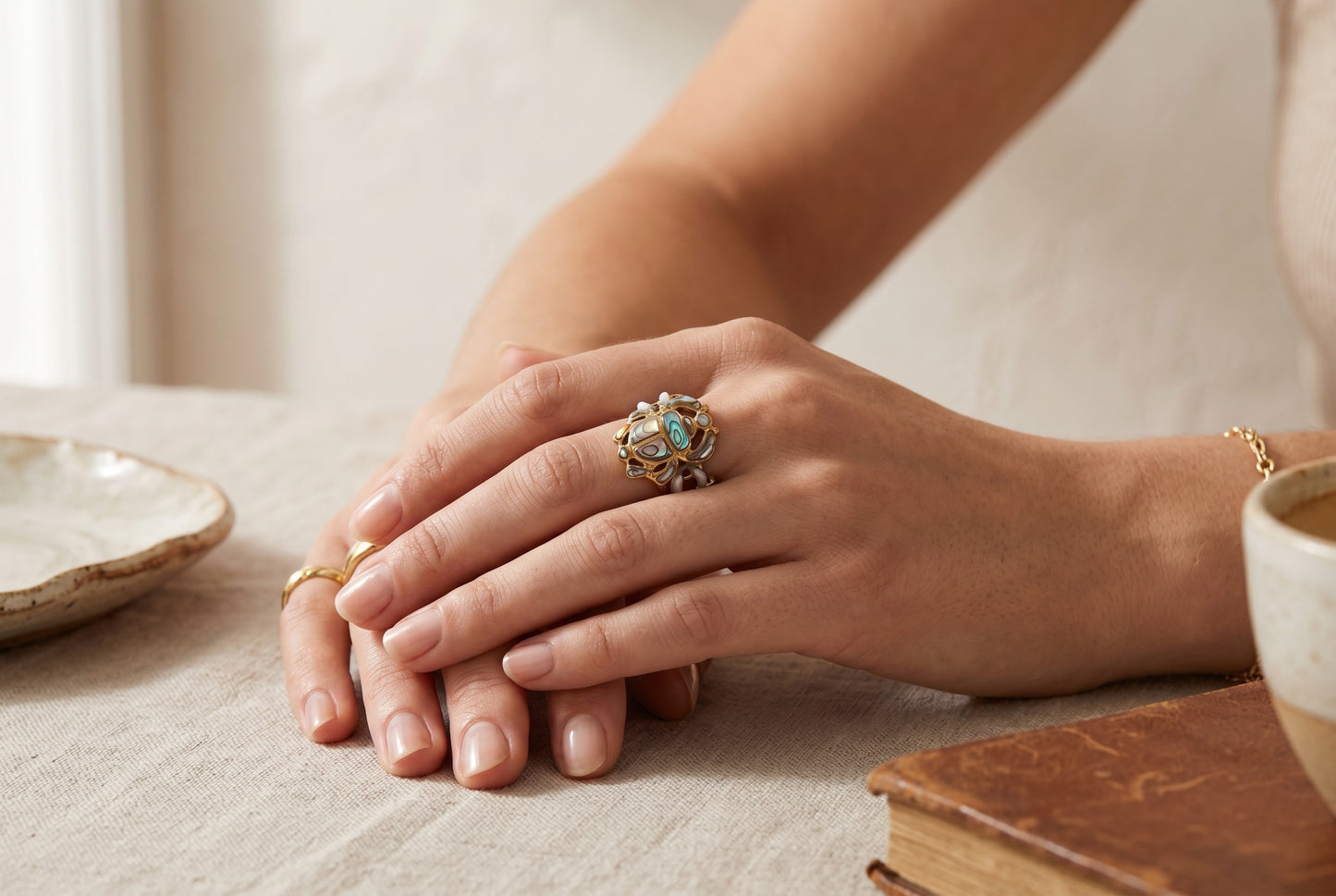 Gold Scarab Ankh Abalone Mother of Pearl Ring, Egyptian Revival Ring, Eye of Life Jewelry, Spiritual Talisman, Handmade Gift for Her