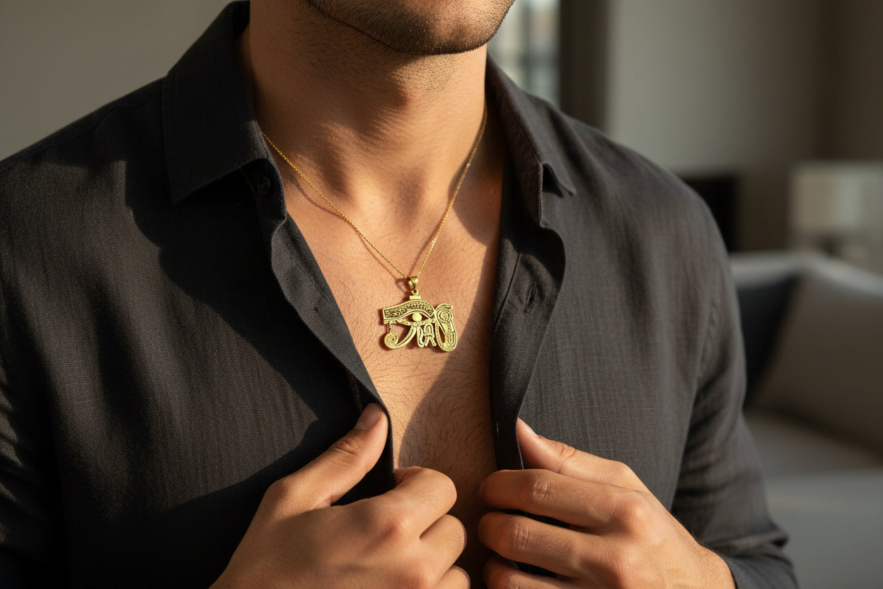 Gold Eye of Horus Pendant, Egyptian Revival Talisman Jewelry