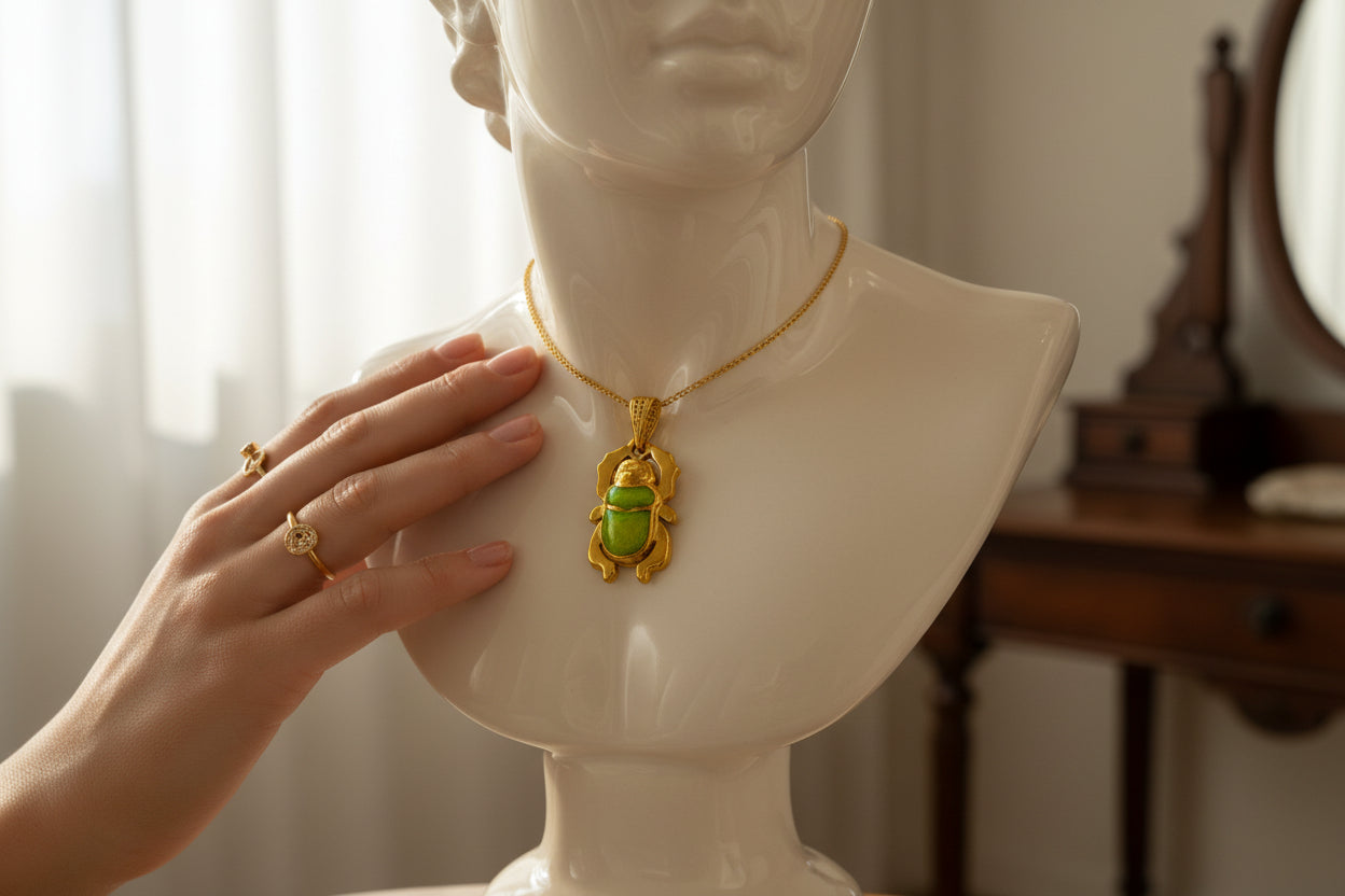 Gold Egyptian Scarab Pendant Necklace, Green Agate Talisman