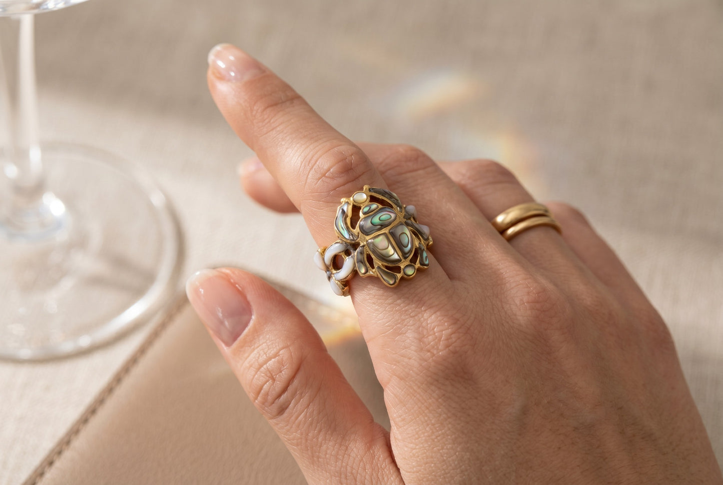 Gold Scarab Ankh Abalone Mother of Pearl Ring, Egyptian Revival Ring, Eye of Life Jewelry, Spiritual Talisman, Handmade Gift for Her