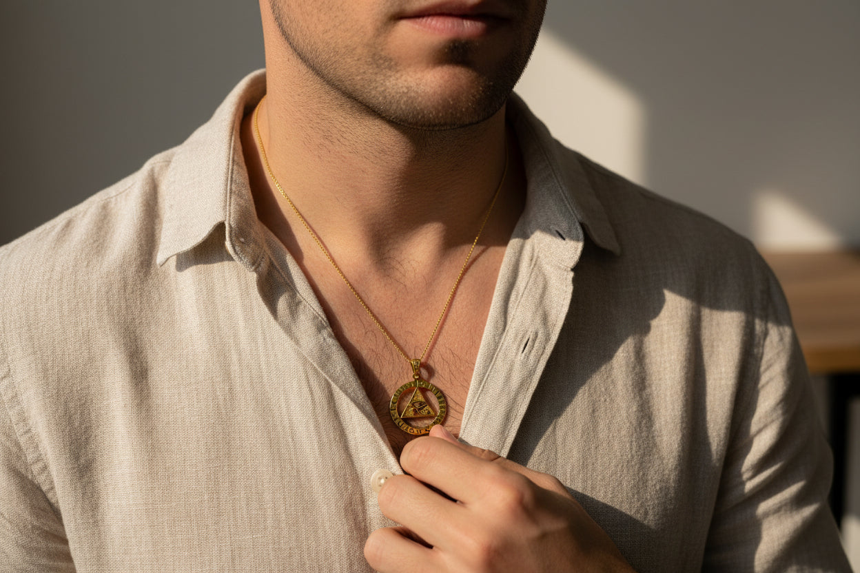 Gold Eye of Horus Necklace, Pyramid Pendant, Ancient Egyptian Talisman Jewelry