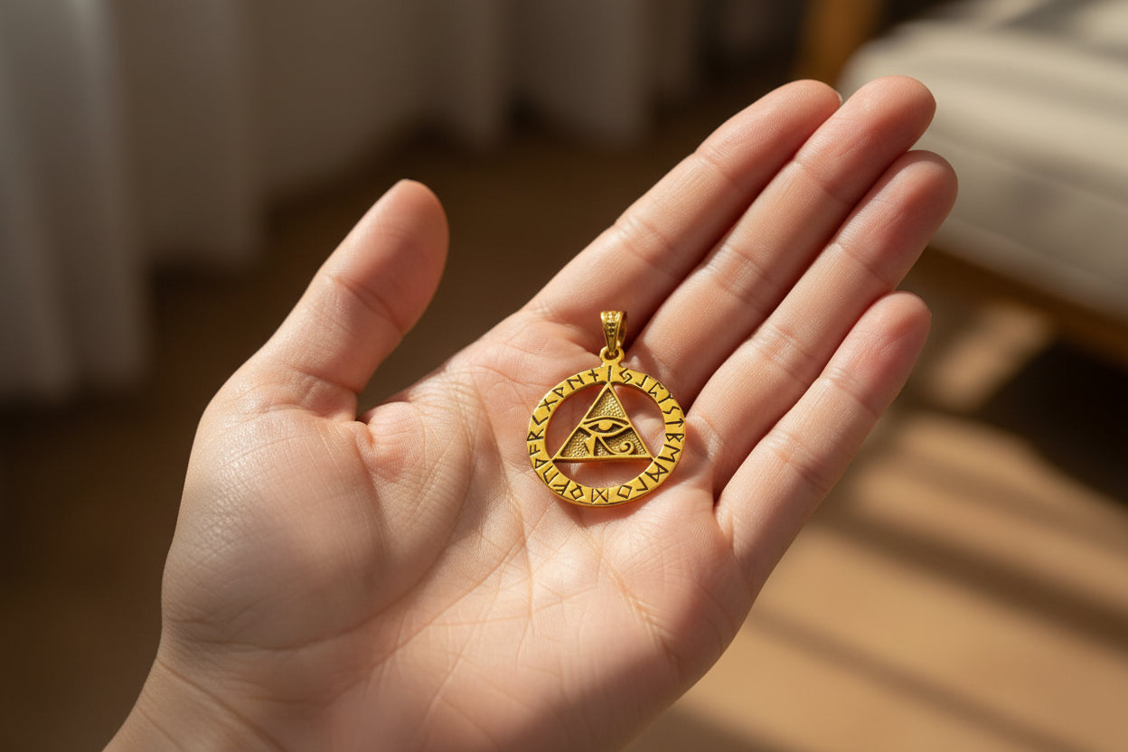 Gold Eye of Horus Necklace, Pyramid Pendant, Ancient Egyptian Talisman Jewelry
